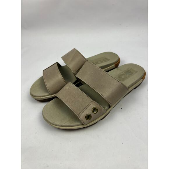 Sorel, NL2937-005 Torpeda Slide Leather Slides, Taupe, Slip-On Comfort Sandals - Picture 3 of 14